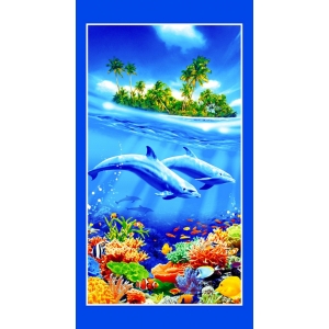 Ткань на отрез вафельное полотно набивное 150 см 326/1 Дельфины цвет голубой