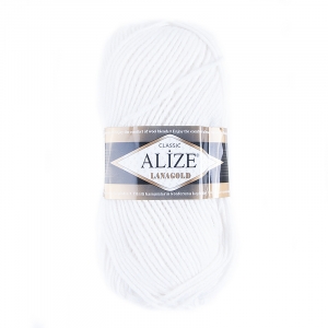 Пряжа для вязания Ализе LanaGold (49%шерсть, 51%акрил) 100гр цвет 55 белый